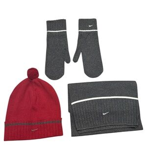 Nike Red and Gray Knit Gloves Hat and Scarf Set